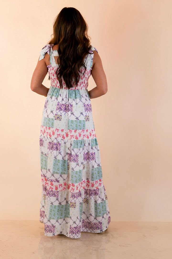 Simply Southern | Spring Symphony Patchwork Print Smocked Maxi Dress with Shoulder Ties and Tiered Skirt in Multi Floral