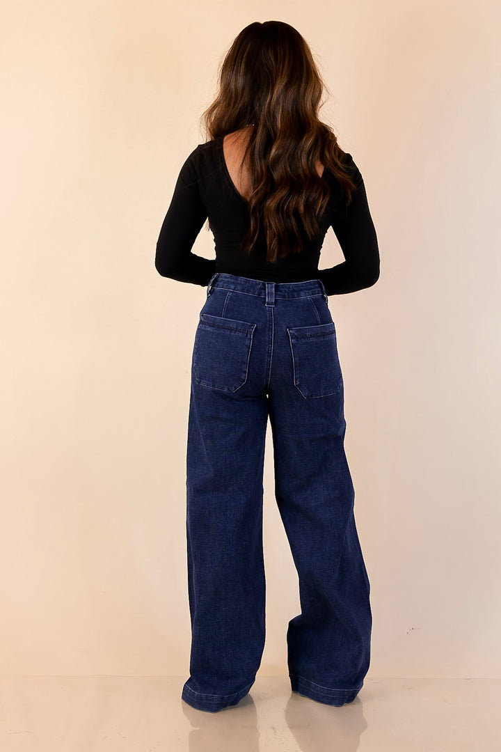 Judy Blue | Front and Center Front Patch Pocket Retro Wide Leg Trouser Jean in Dark Wash