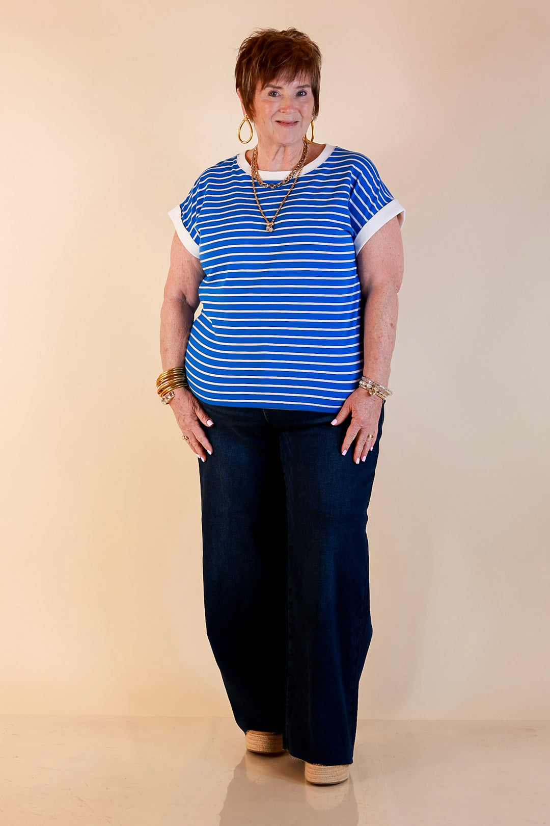 Right on Repeat Scoop Neck Cap Sleeve with Contrast Trim Striped Tee Top in Dark Blue