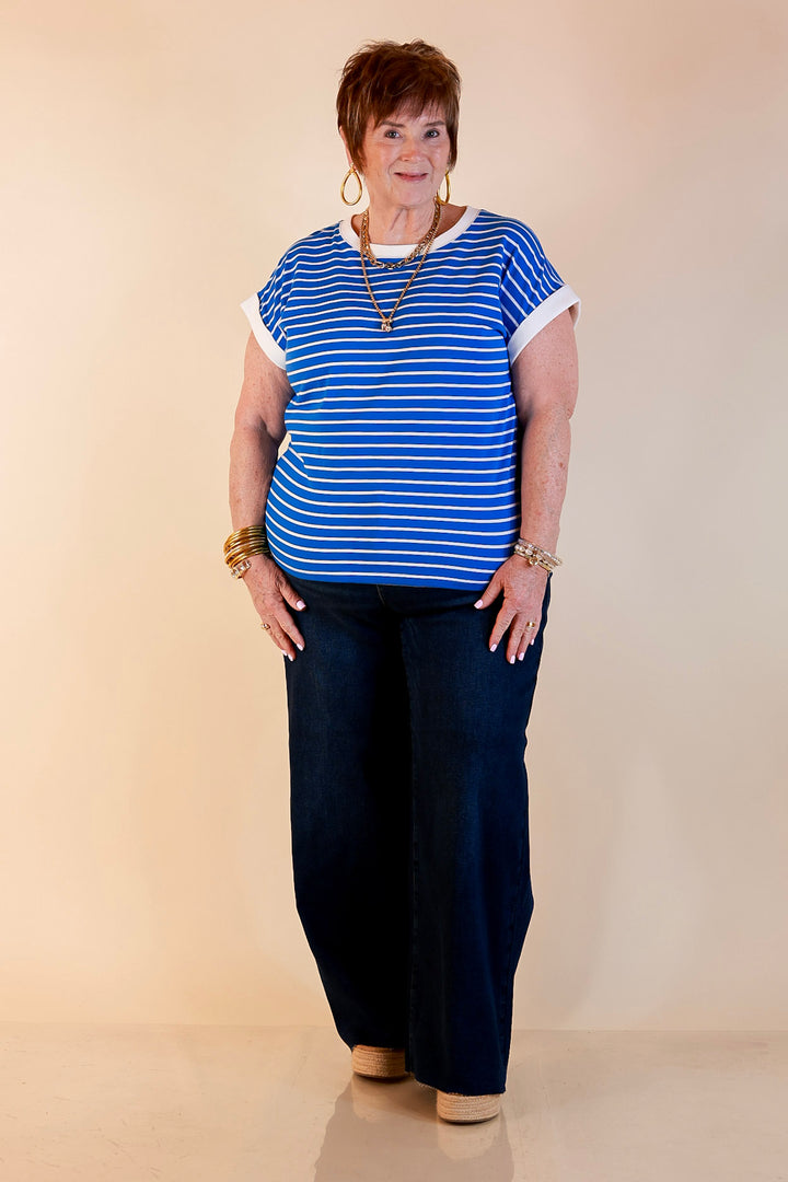 Right on Repeat Scoop Neck Cap Sleeve with Contrast Trim Striped Tee Top in Dark Blue