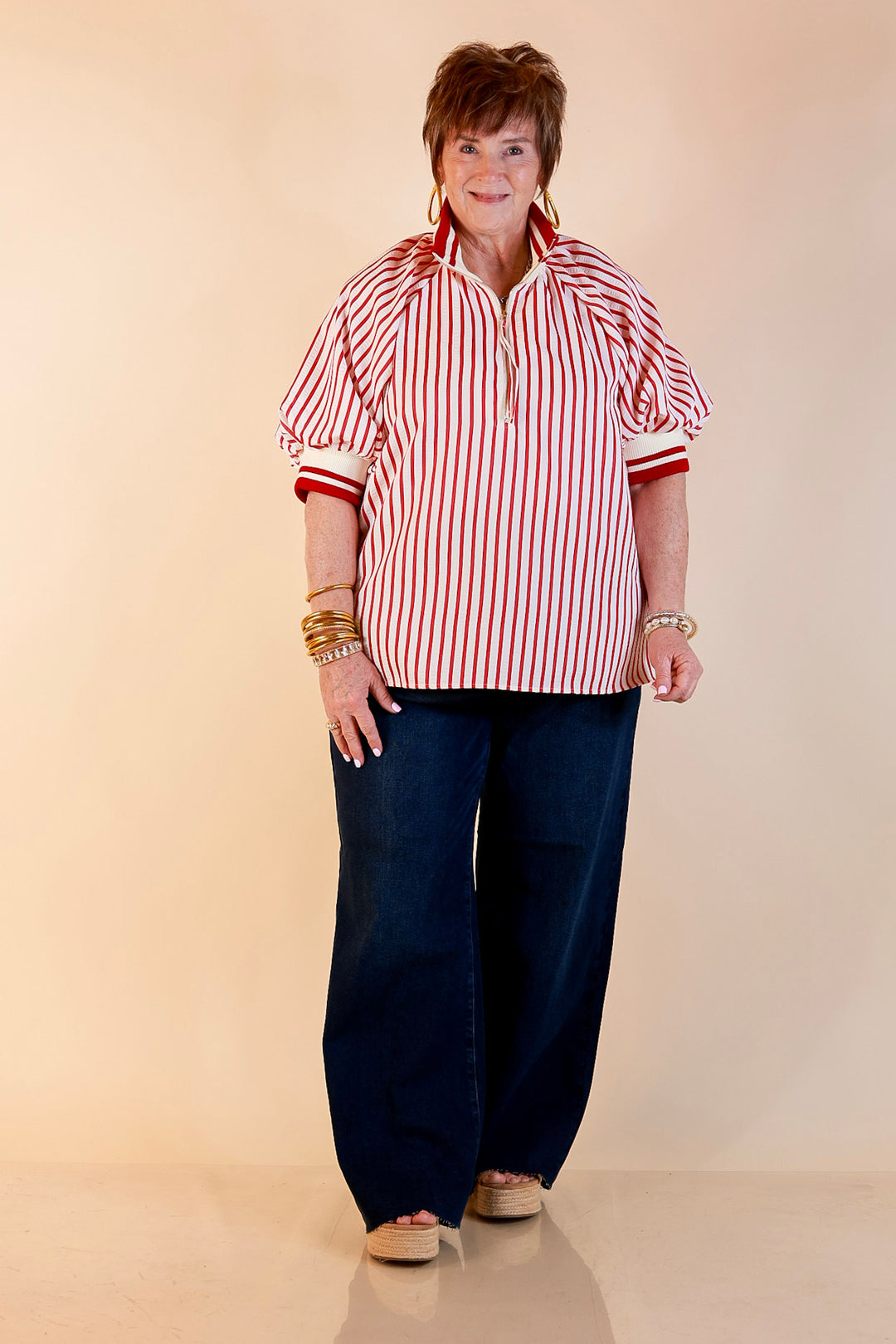 Bold Instincts Striped Print Half Zip Top with Puff Sleeves in Red and Ivory