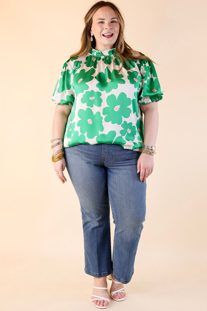 Divine Design Floral Blouse With Puffed Sleeve and Ruffle Neckline in Green