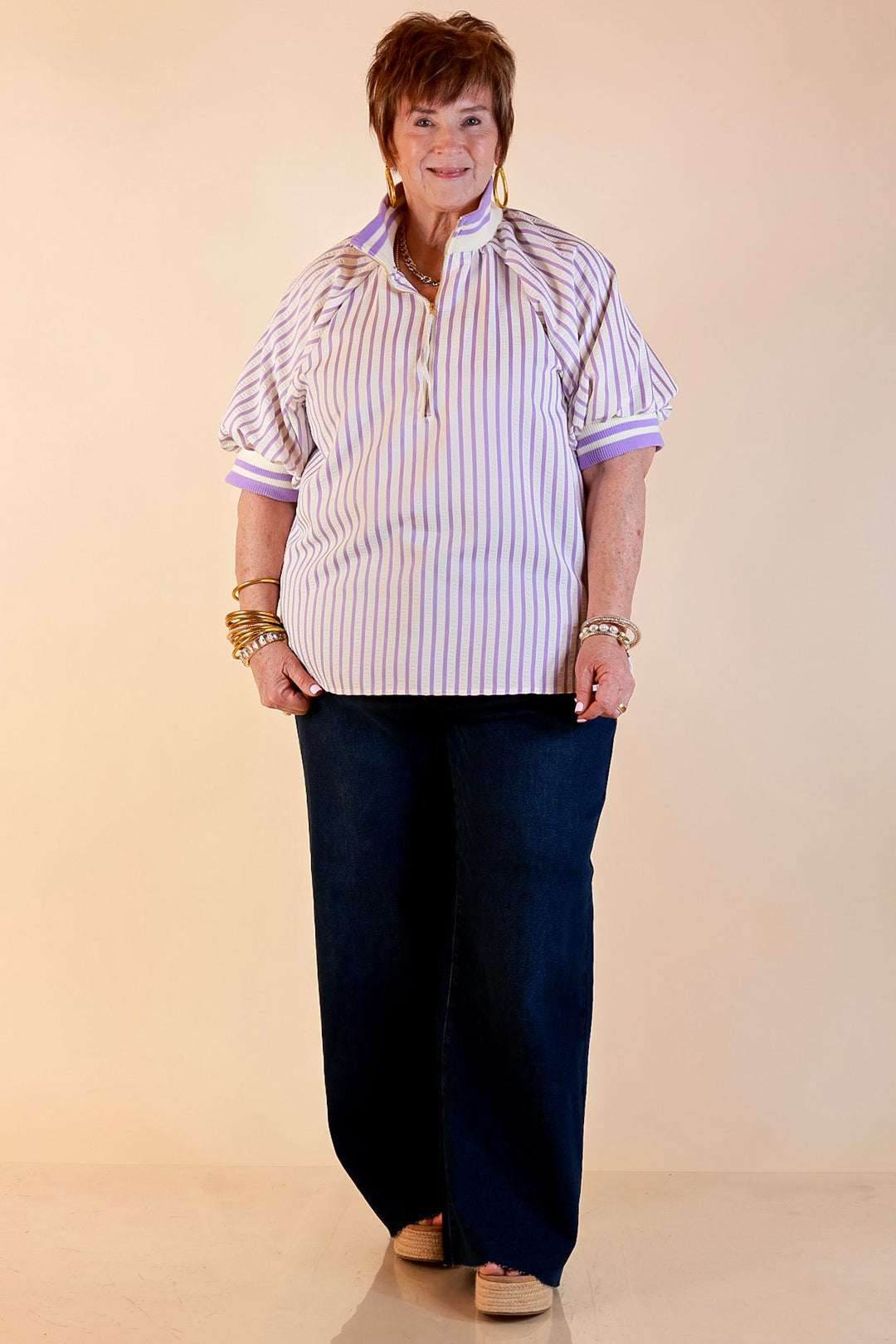 Bold Instincts Striped Print Half Zip Top with Puff Sleeves in Lavender Purple and Ivory