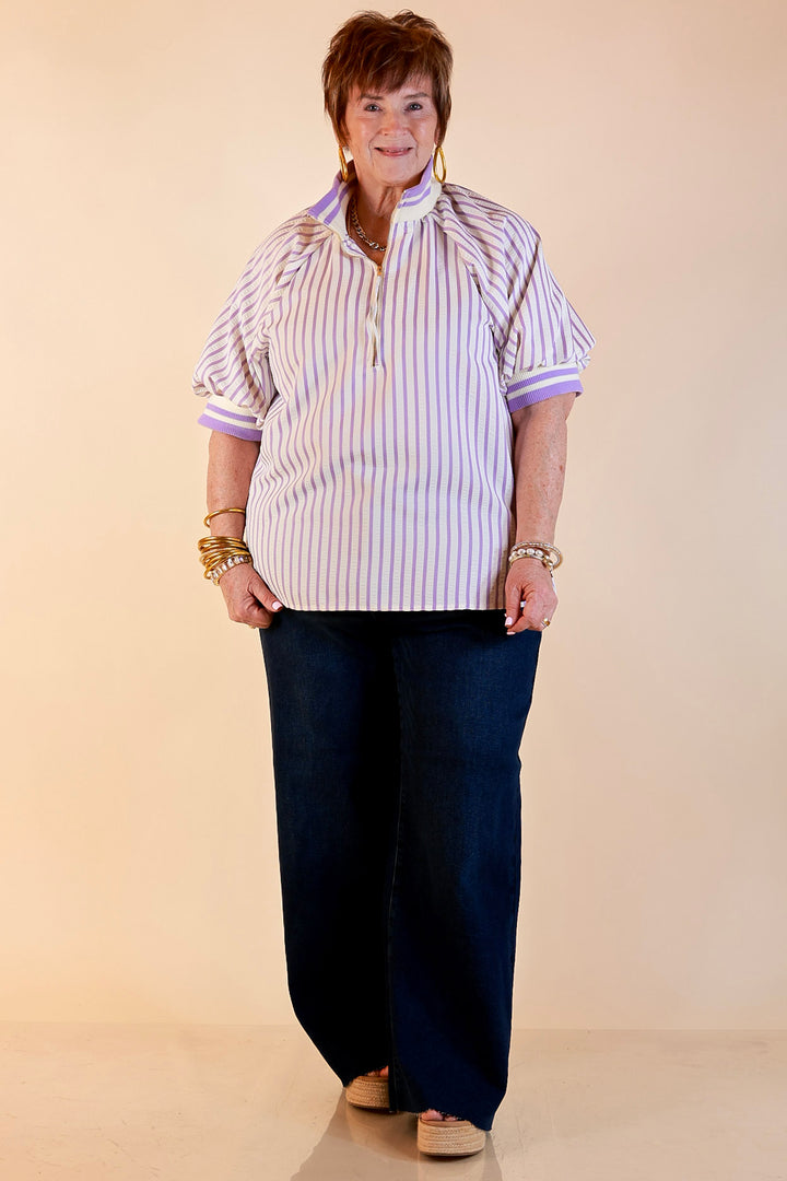Bold Instincts Striped Print Half Zip Top with Puff Sleeves in Lavender Purple and Ivory