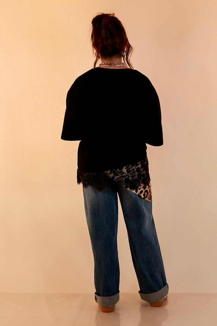 Laced with Charm Oversized Asymmetrical Lace Trim Boxy Top in Black