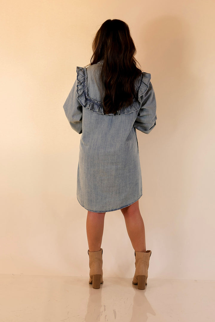 Blue Jean Beauty Denim Dress with Pockets and Ruffle Trim in Medium Wash
