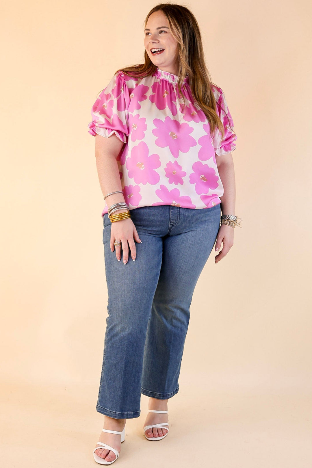 Divine Design Floral Blouse With Puffed Sleeve and Ruffle Neckline in Cream White