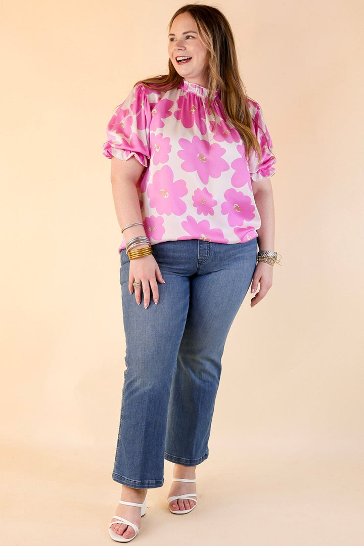 Divine Design Floral Blouse With Puffed Sleeve and Ruffle Neckline in Cream White