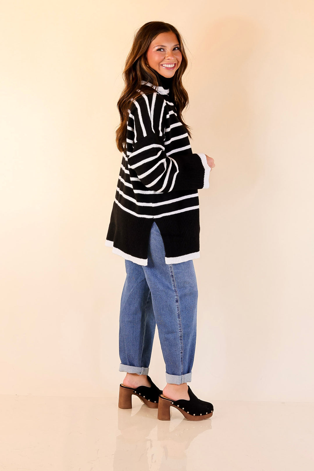 Mud Pie | Dunn Turtleneck Sweater with White Stripes in Black