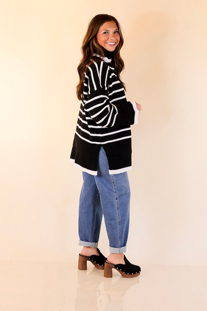 Mud Pie | Dunn Turtleneck Sweater with White Stripes in Black
