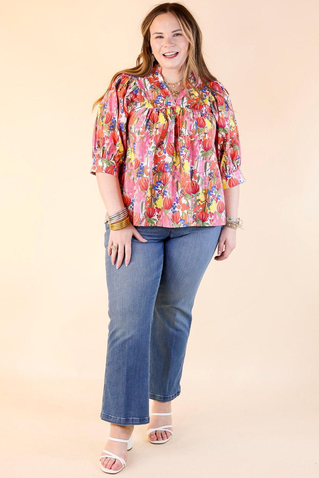Blissful Bloom Floral Print Top with Puff Sleeves in Pink Mix