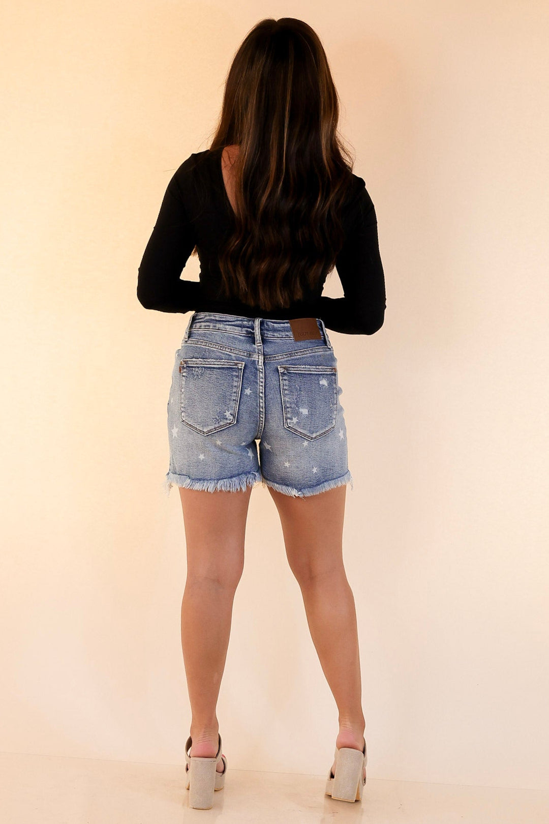 Judy Blue | Starstruck Distressed Star Print Denim Shorts in Medium Wash