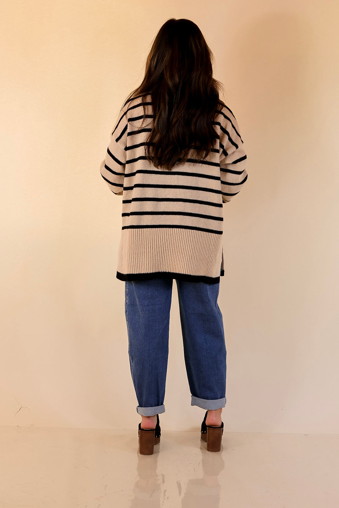 Mud Pie | Dunn Turtleneck Sweater with Black Stripes in Tan