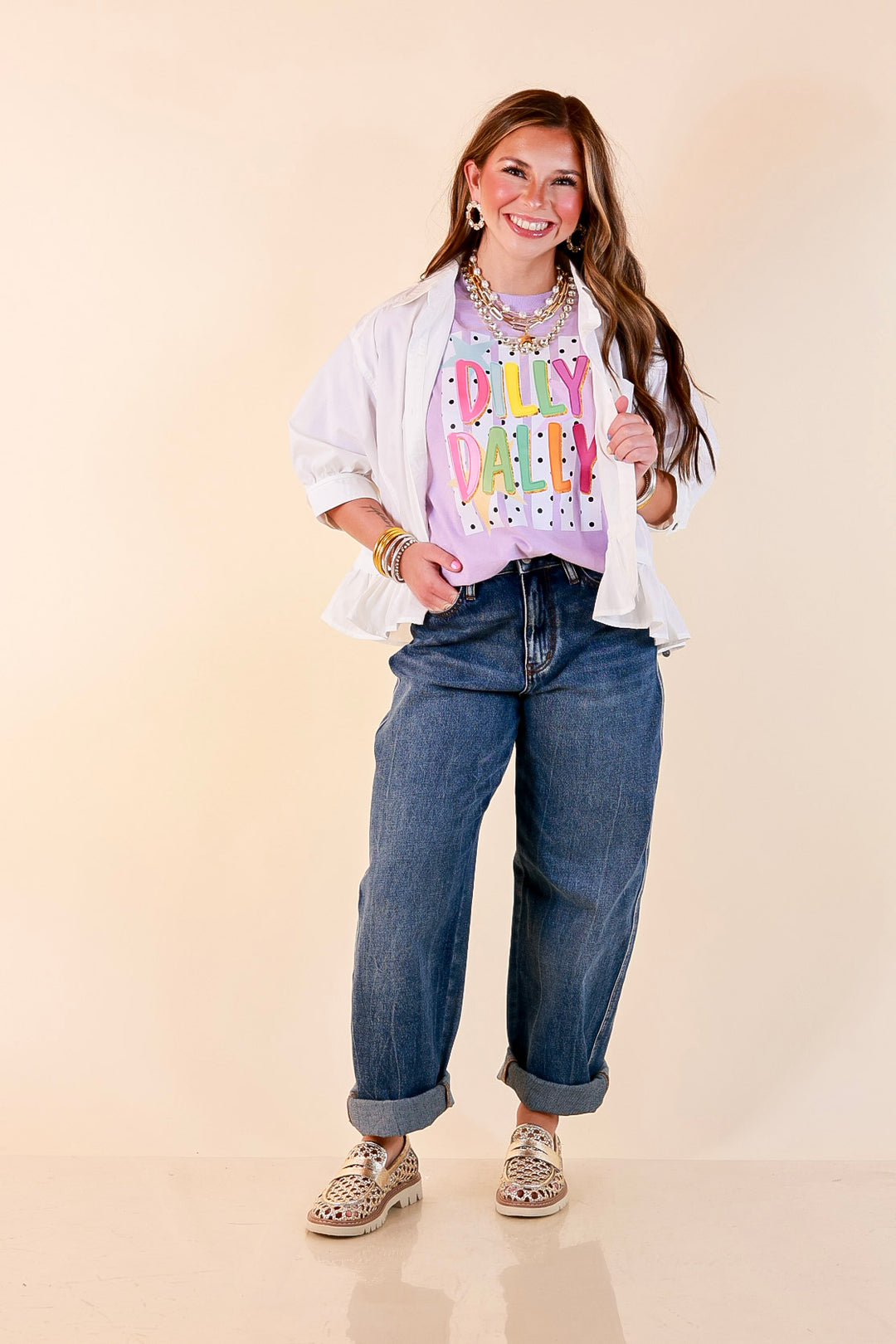 Here for the Fun "Dilly Dally" Stripe, Star and Polka Dot Print Short Sleeve Graphic Tee in Lavender Purple