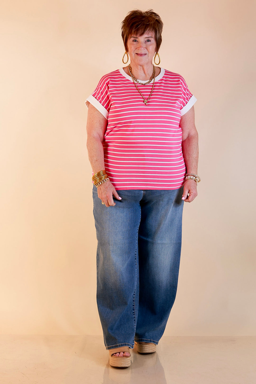 Right on Repeat Scoop Neck Cap Sleeve with Contrast Trim Striped Tee Top in Fuchsia Pink