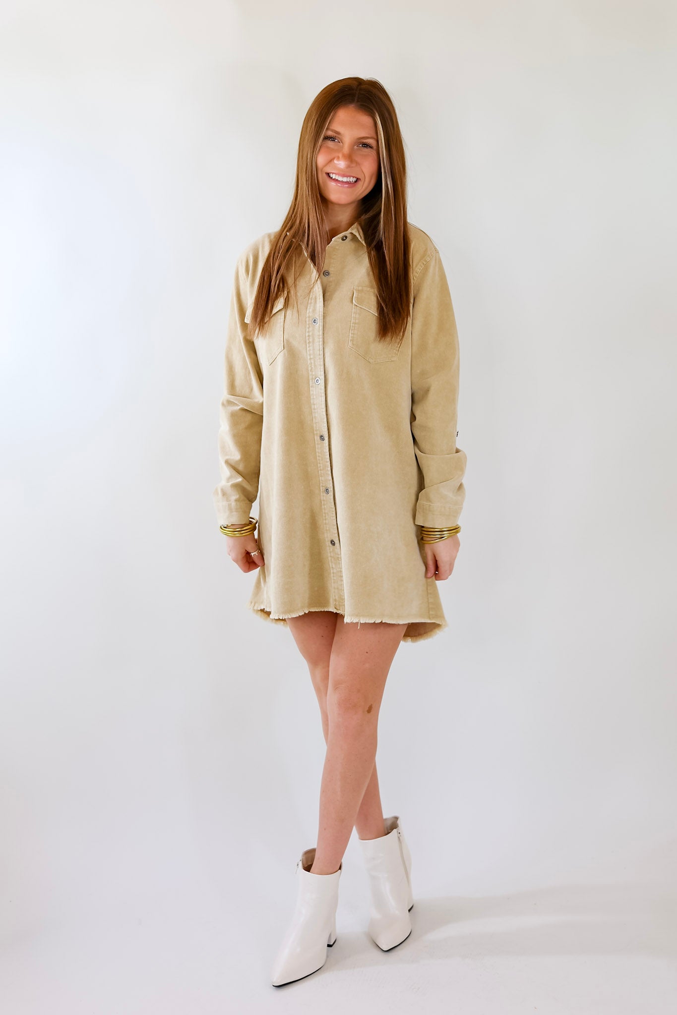 Patio Date Button Up Long Sleeve Corduroy Dress in Tan - Giddy Up Glamour Boutique
