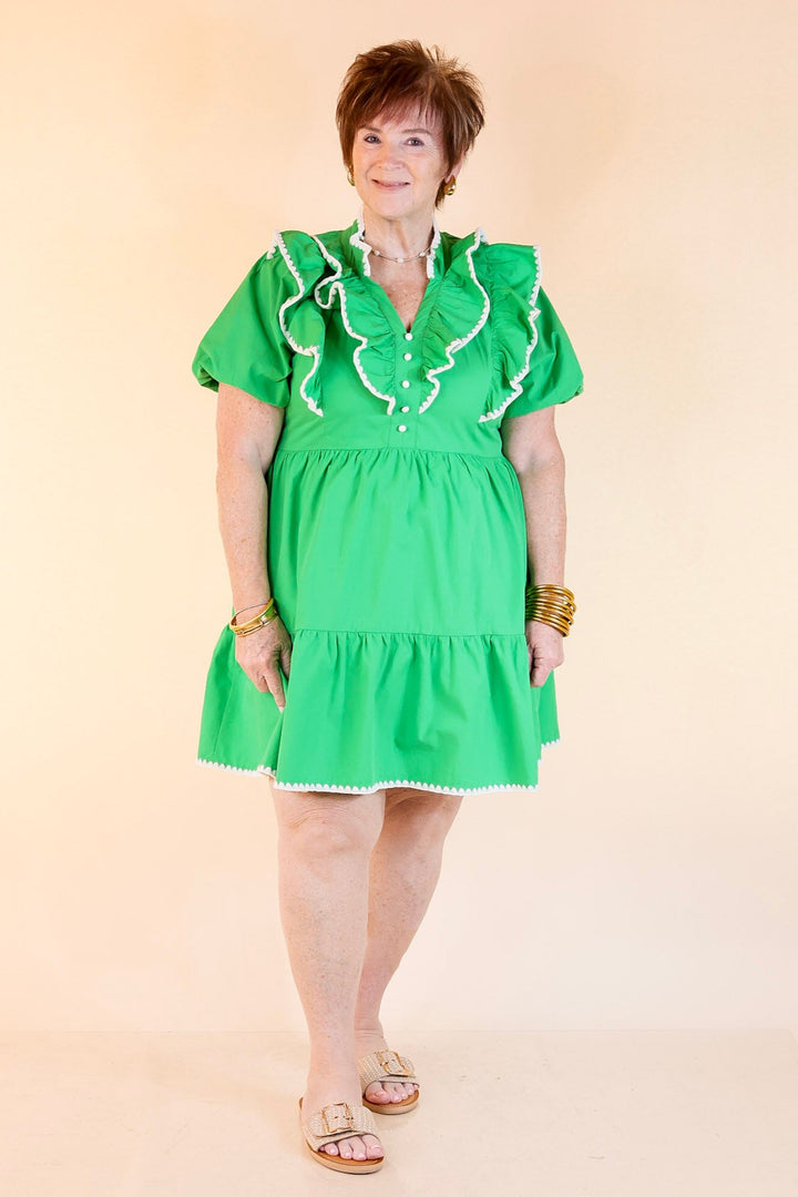 Frill Seeker A-Line Dress with Crochet Trim and Ruffle Detail in Green