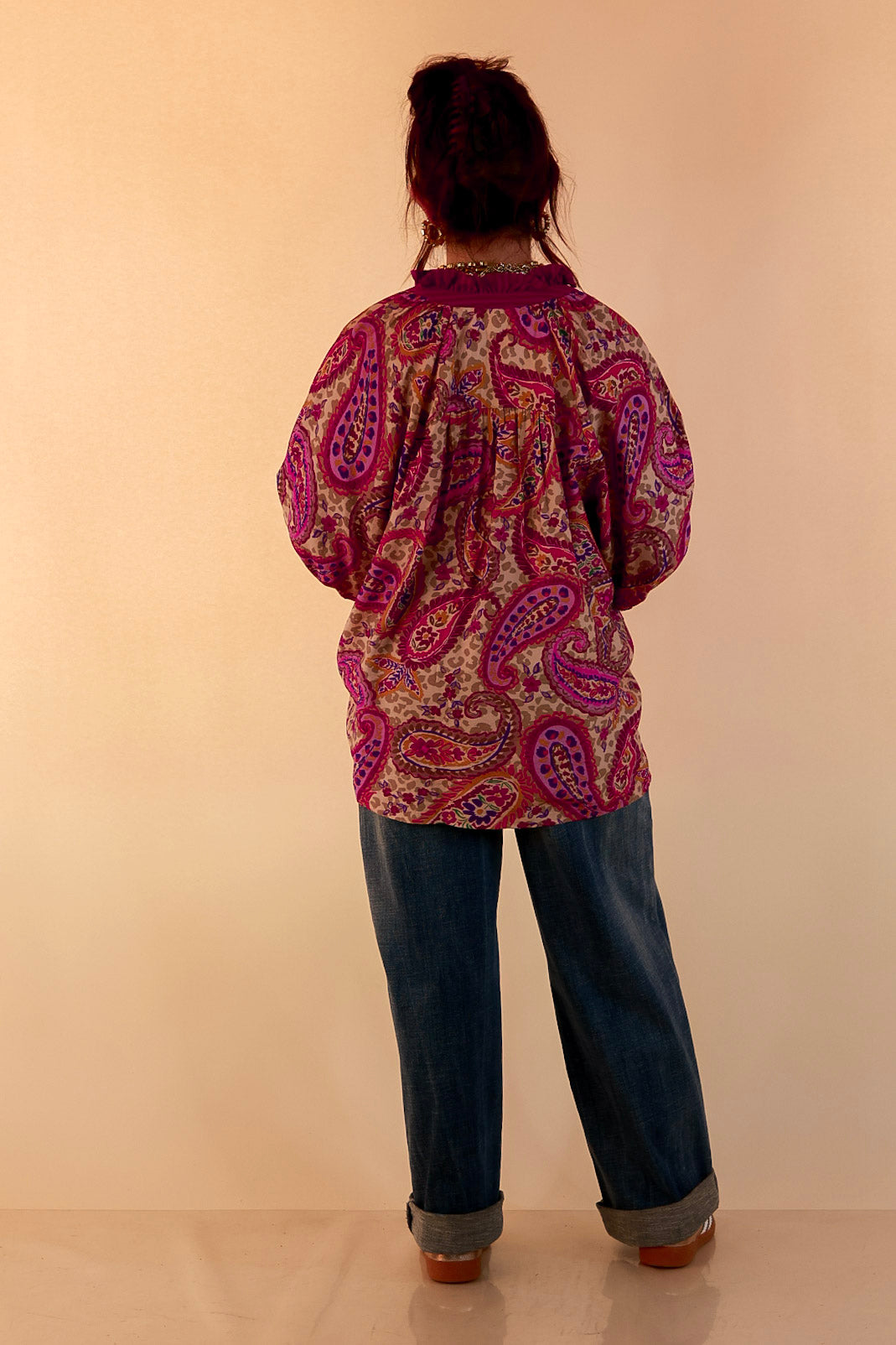 Caught My Eye Ruffle Contrast Stripe Detail Neck Balloon Sleeve Paisley Print Blouse in Fuchsia Pink Multi