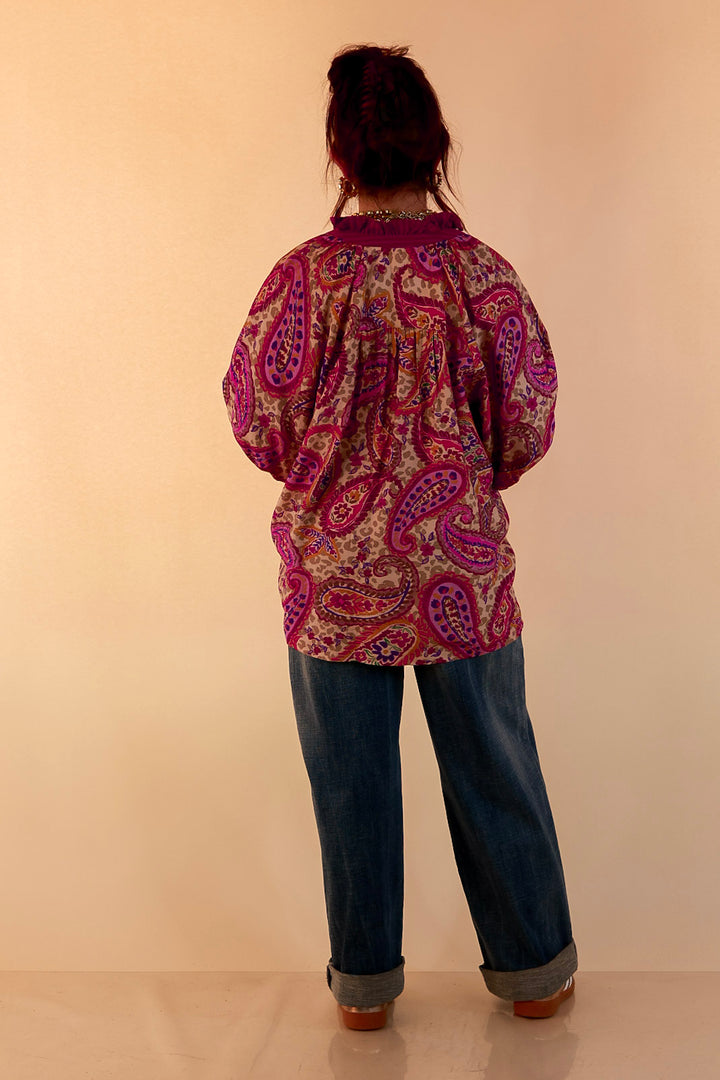 Caught My Eye Ruffle Contrast Stripe Detail Neck Balloon Sleeve Paisley Print Blouse in Fuchsia Pink Multi