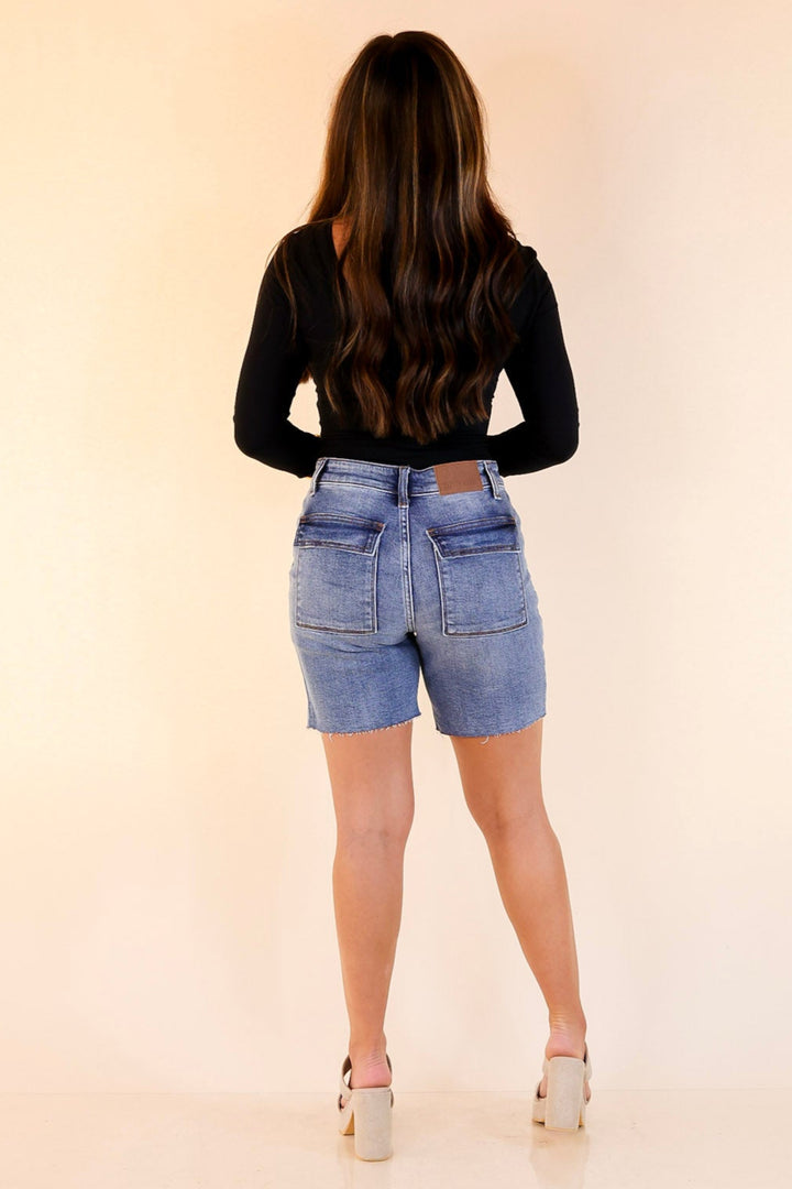 Judy Blue | Pocket Sweetie Denim Bermuda Shorts with Back Flap Pockets in Medium Wash