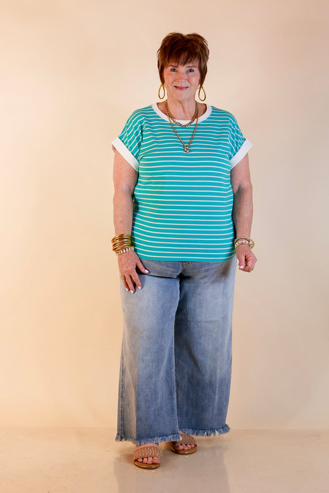 Right on Repeat Scoop Neck Cap Sleeve with Contrast Trim Striped Tee Top in Turquoise Blue