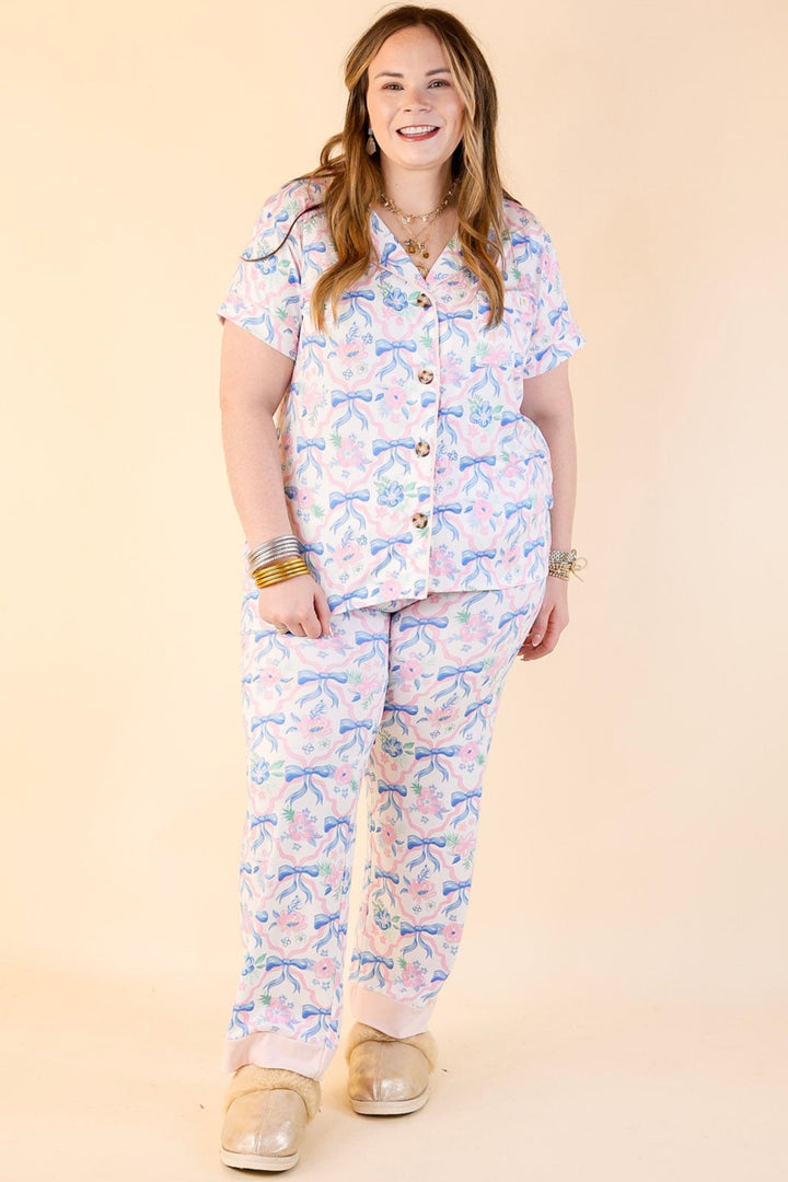 Simply Southern | Snooze in Style Ribbon Print Button Up Pajama Top in Off White