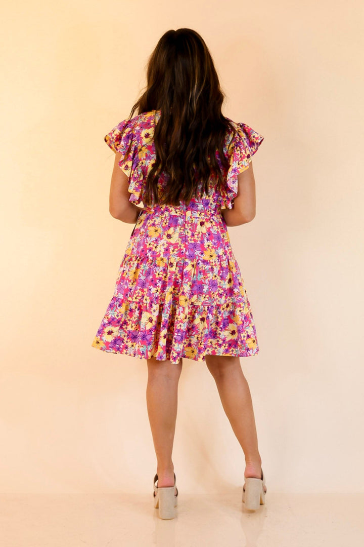 Blooming Beauty Floral V Neck Dress with Ruffle Cap Sleeves in Pink