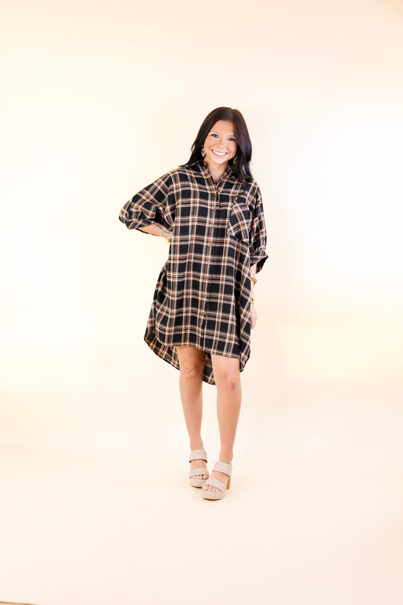 Cozy And Kind Button Up Plaid Dress in Black