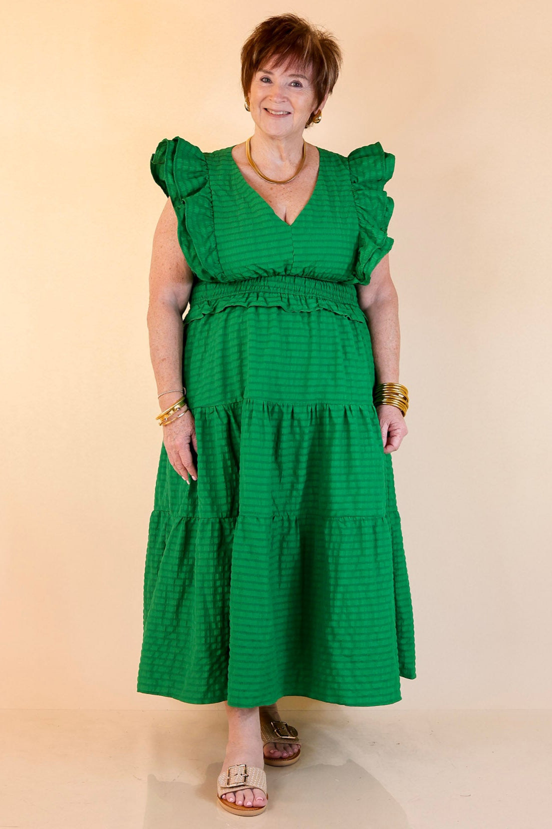 Green Smocked Waist Tiered Maxi Dress detail view