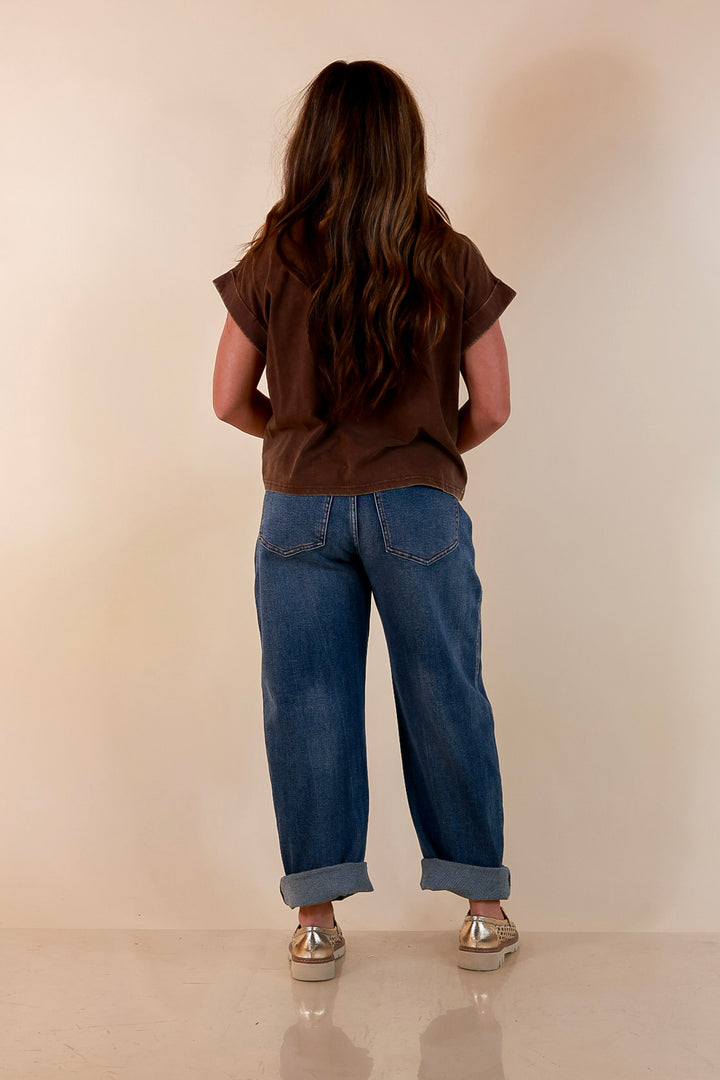 Easy Chic Mineral Washed Short Sleeve Cropped Tee in Chocolate Brown
