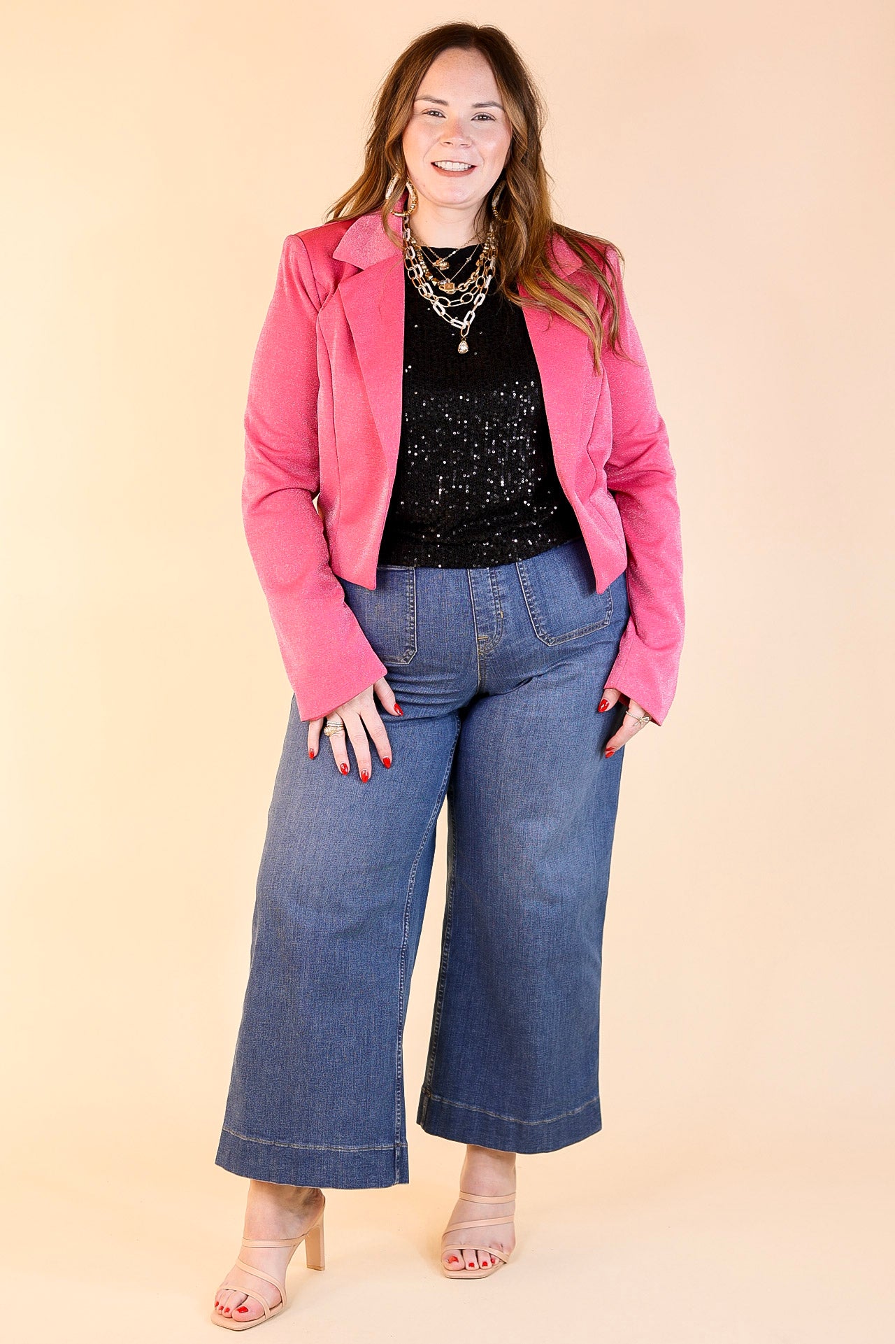 Encore Please Sparkle Cropped Blazer in Pink