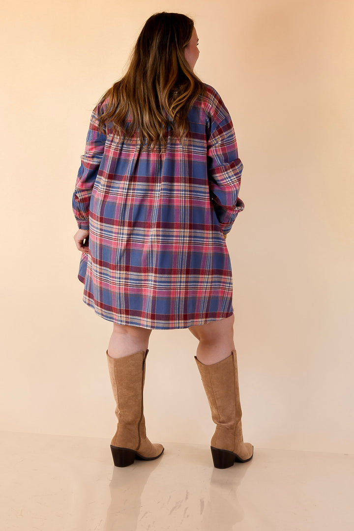 Vibrant Lifestyle Plaid Button Up Dress in Dusty Blue and Pink