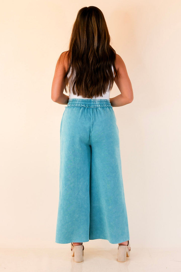 Cozy Girl Cropped Acid Washed Drawstring Pant in Turquoise Blue