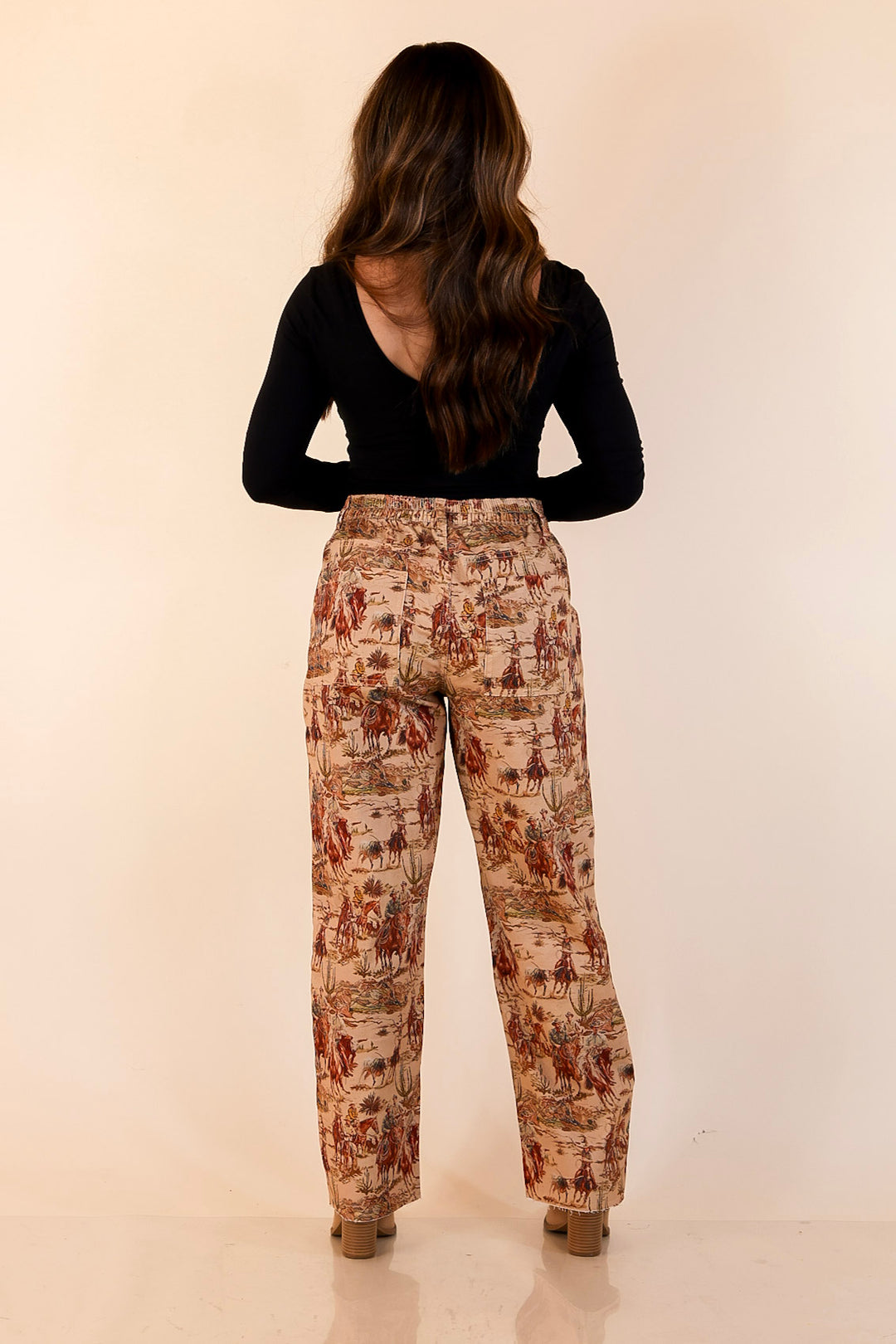 Story of the West Straight Leg Raw Hem Western Print Pants in Taupe Brown