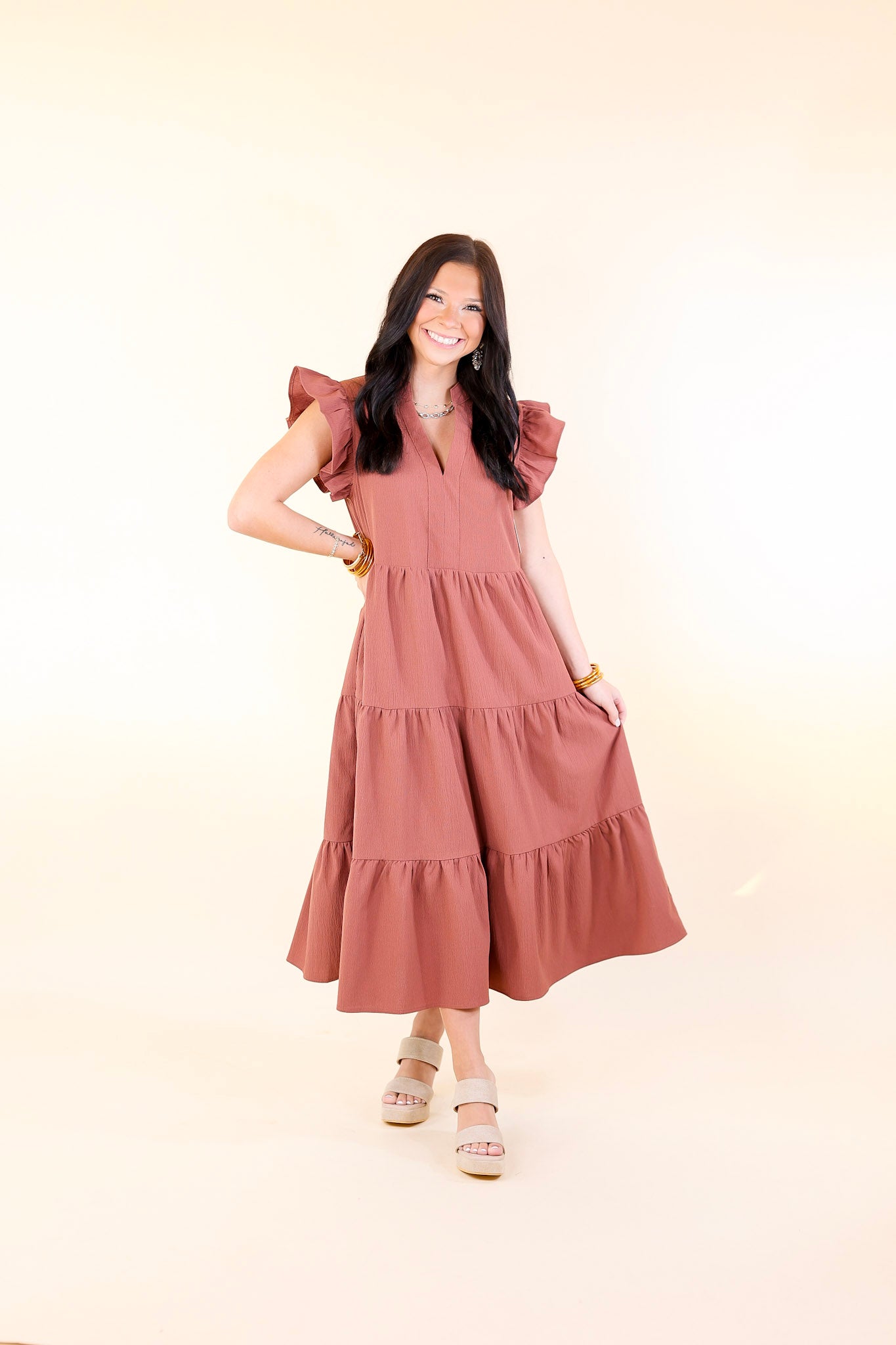 Magnolia Morning Ruffle Cap Sleeve Tiered Midi Dress in Cinnamon (Rust/Clay/Brown)