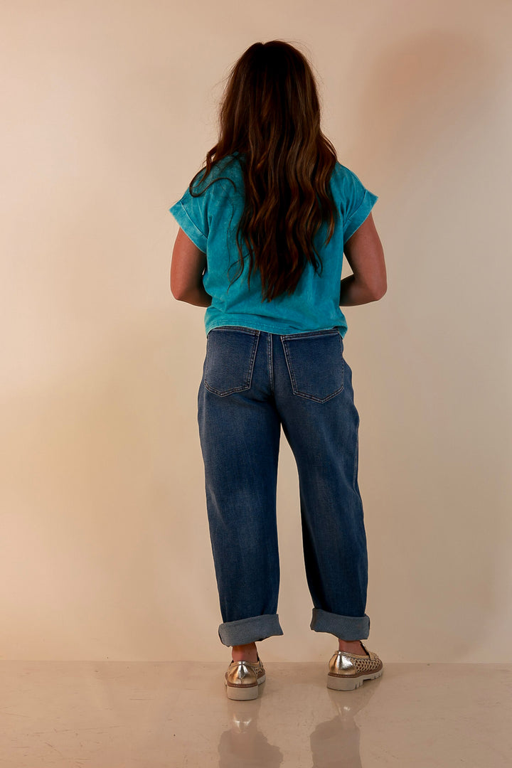 Easy Chic Mineral Washed Short Sleeve Cropped Tee in Teal Blue