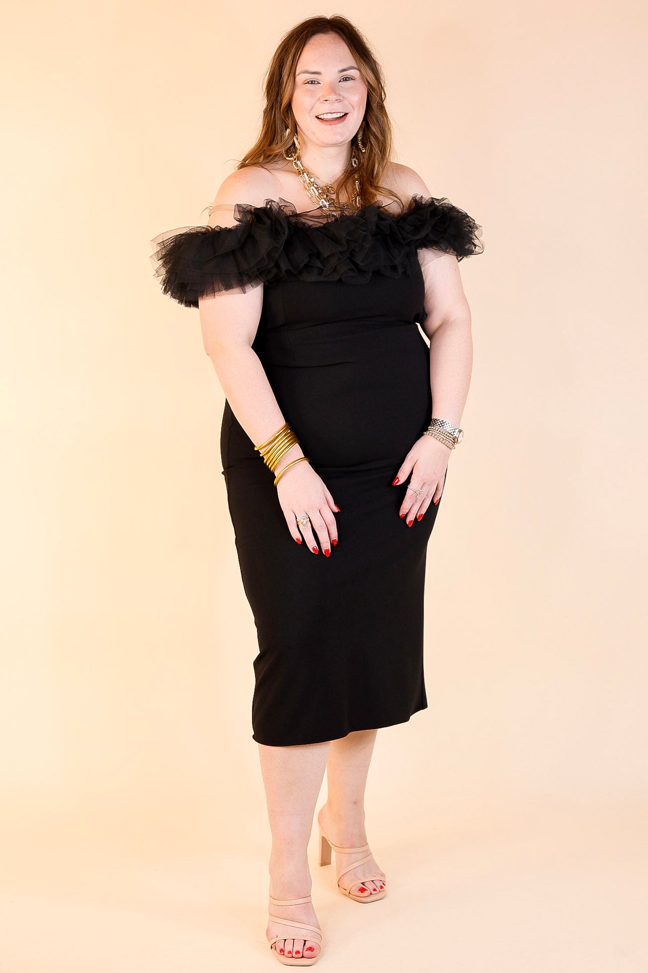 Radiating Confidence Off the Shoulder Tulle Dress in Black