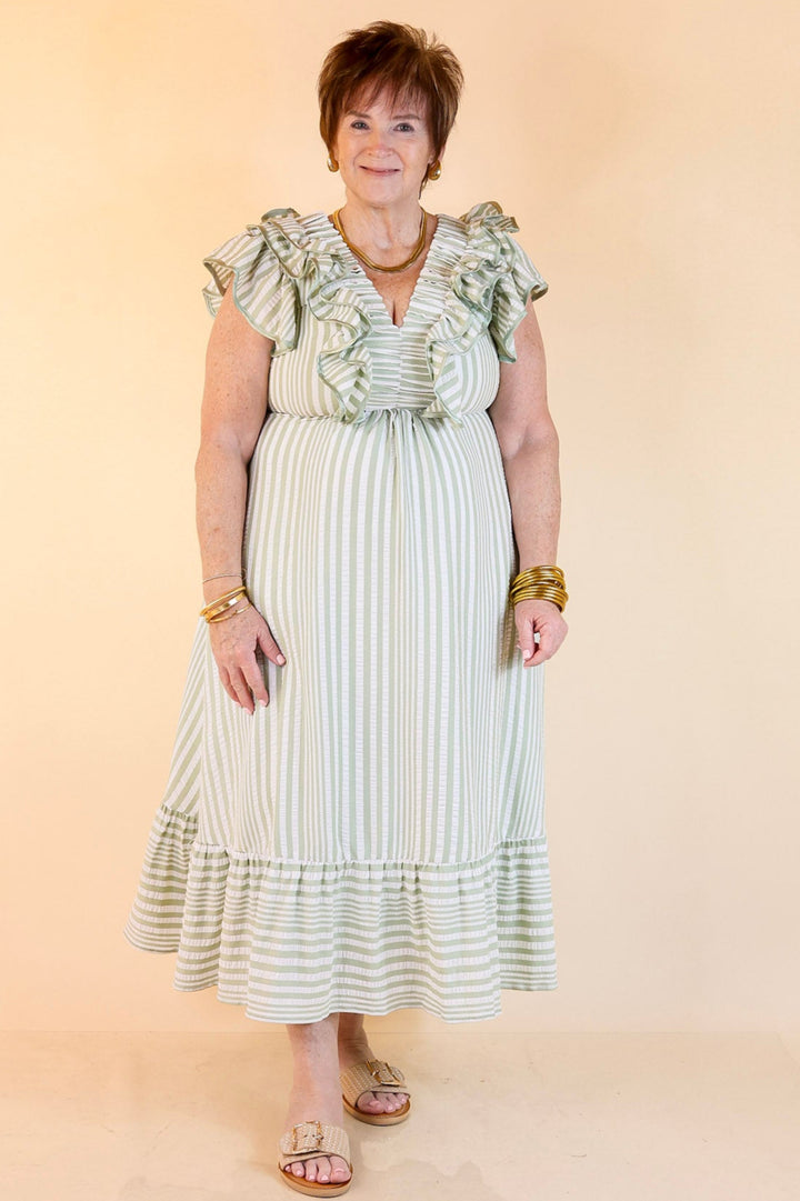Oh So Sweet V-Neck Striped Maxi Dress in Sage Green