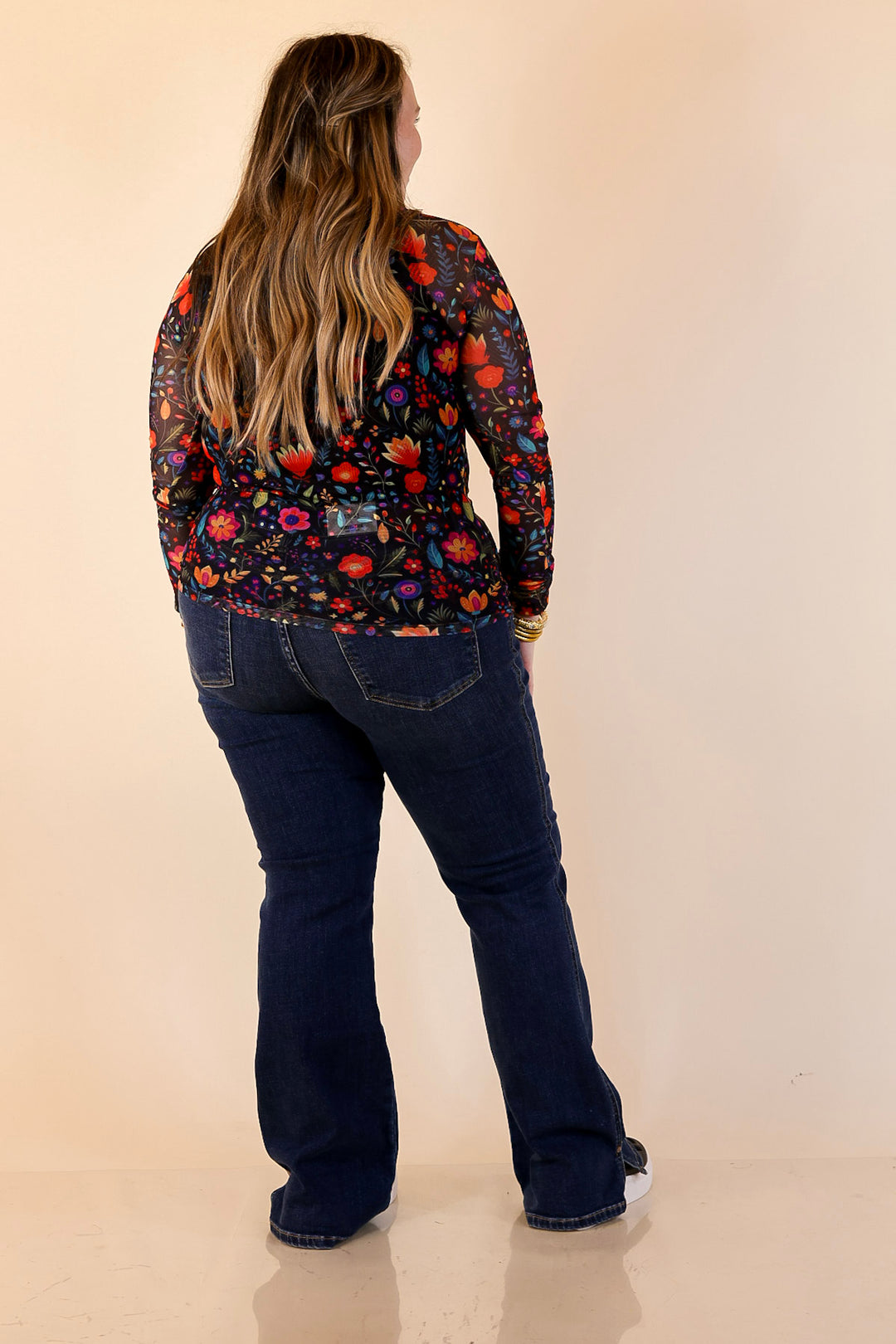 The Perfect Layer Colorful Floral Fiesta Print Mesh Long Sleeve Top in Black