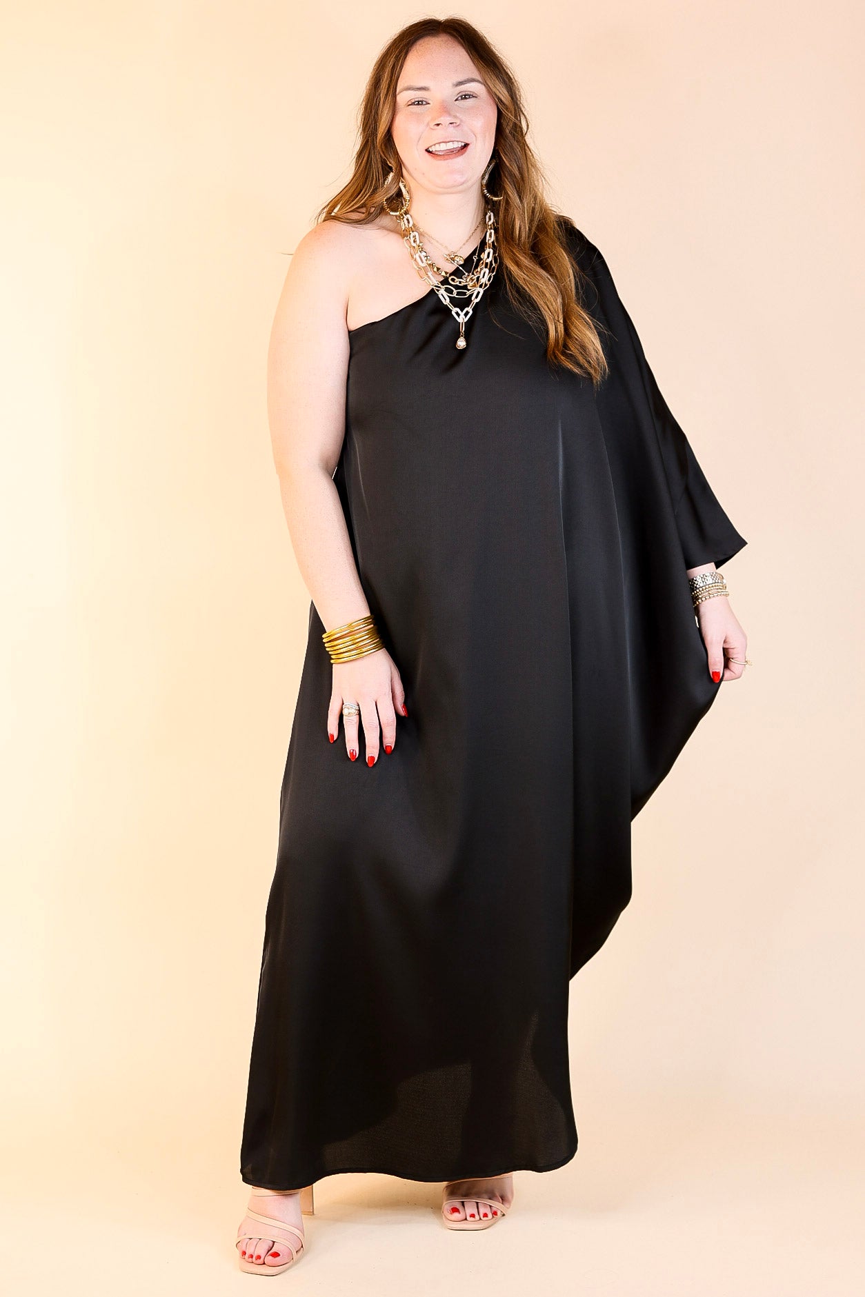 Sweet Romance One Shoulder Satin Drape Midi Dress in Black