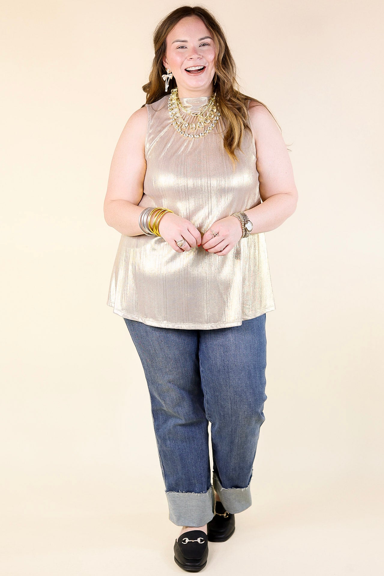 Extra Magic Mock Neck Metallic Tank Top with Tie Back in Gold