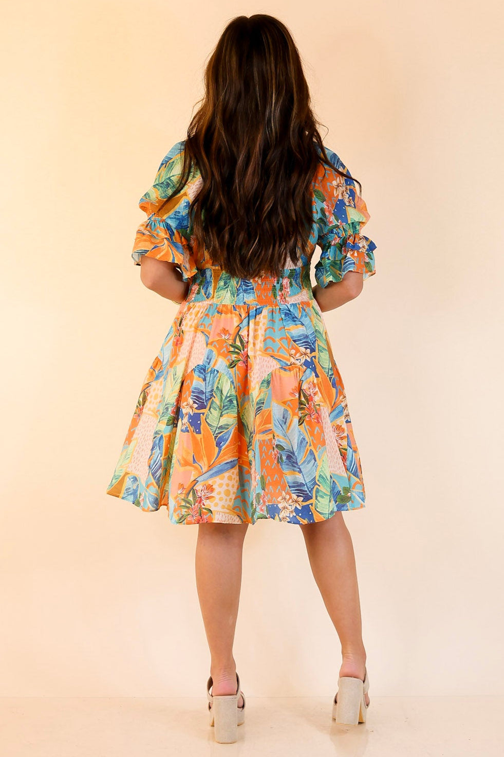 Sweet as Sundown Floral Print Dress With Smocked Waist in Orange Mix