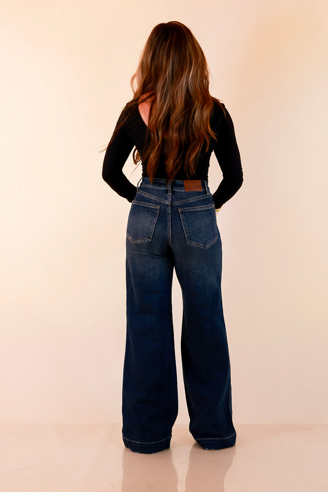 Judy Blue | Classic Companion Luxe Retro Wide Leg Jeans with Front Patch Pockets in Dark Indigo Wash