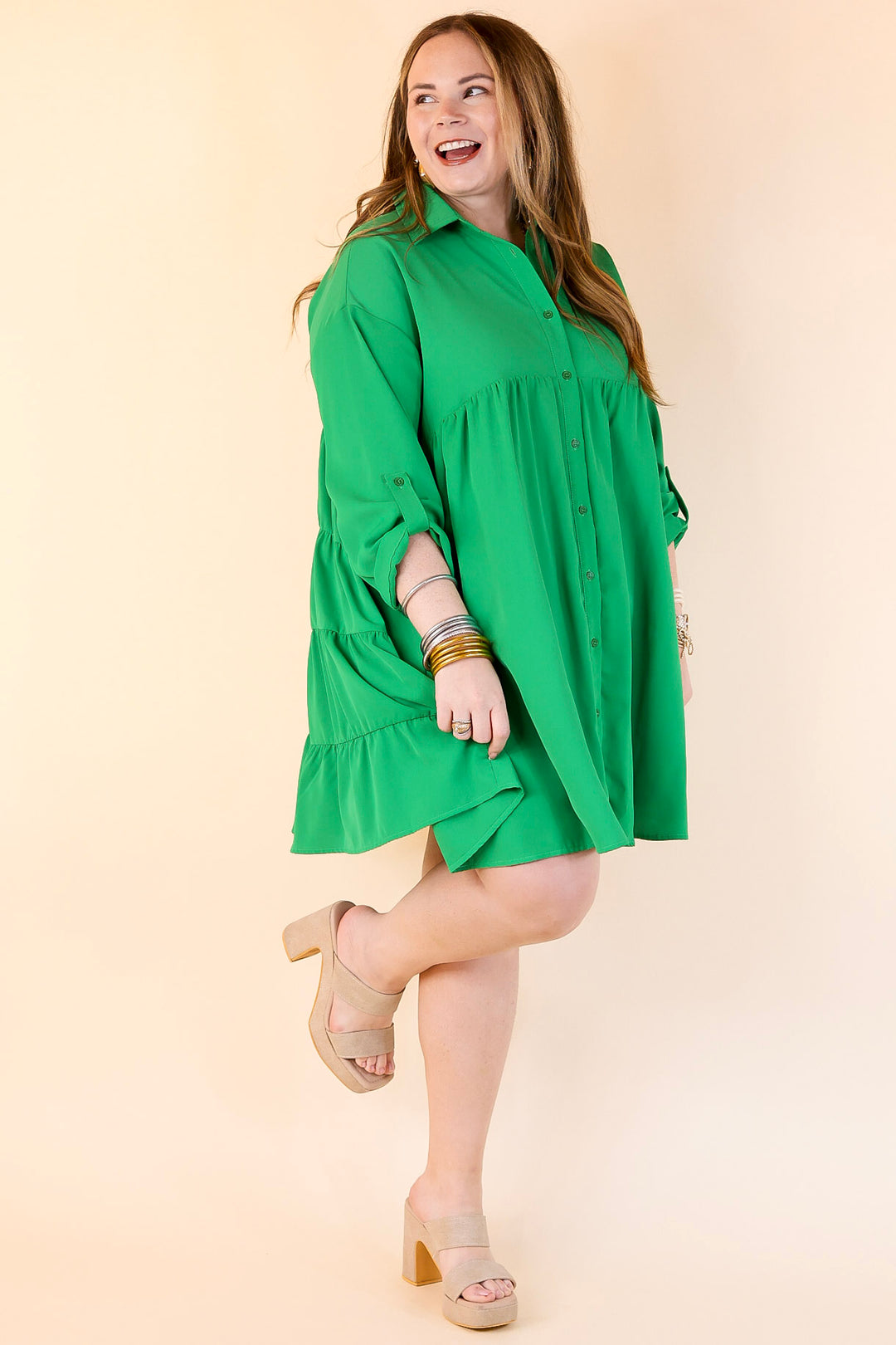 Risky Business Button Up Babydoll Dress in Green