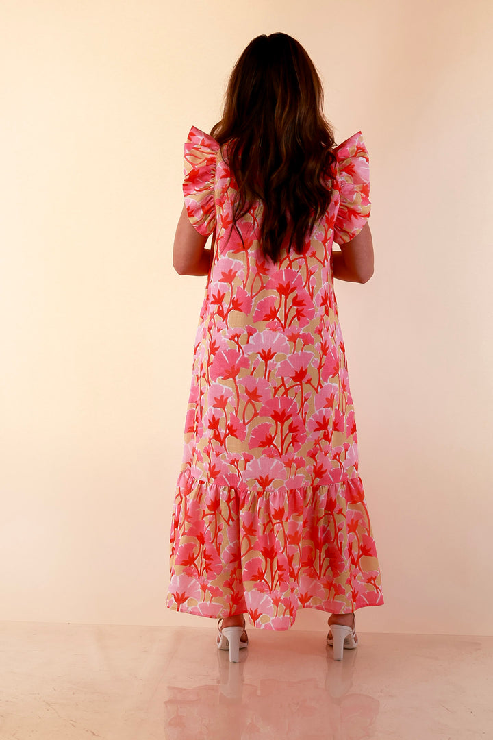 Chasing Sunshine Floral Print Ruffle Sleeve Midi Dress with Button Front and Tiered Hem in Pink, Yellow and Coral Orange