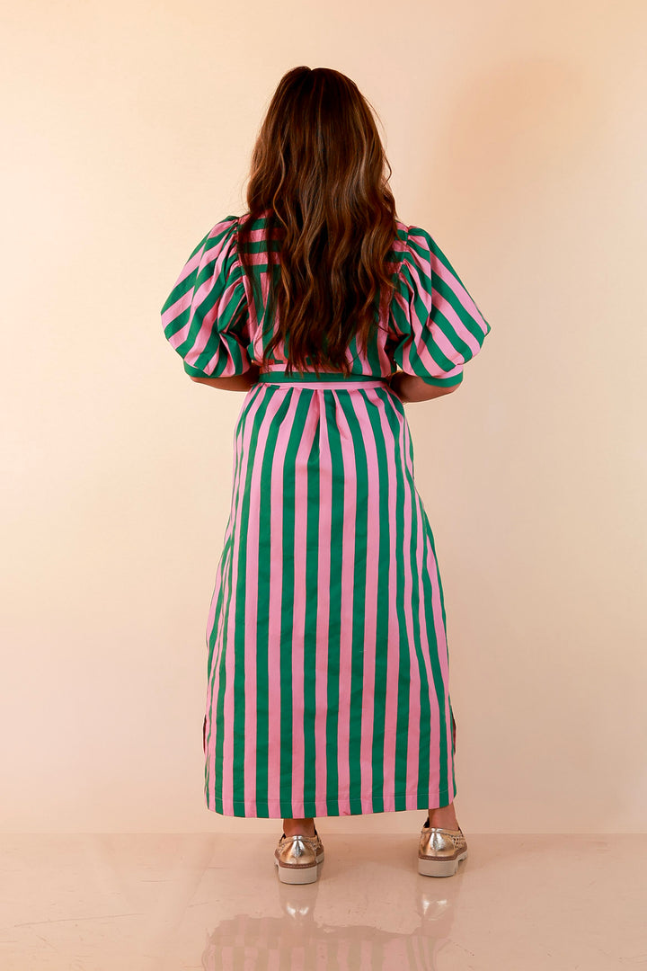 Palm Springs Pretty Puff Sleeve Button Front Belted Midi Dress with Stripe Print in Pink and Kelly Green