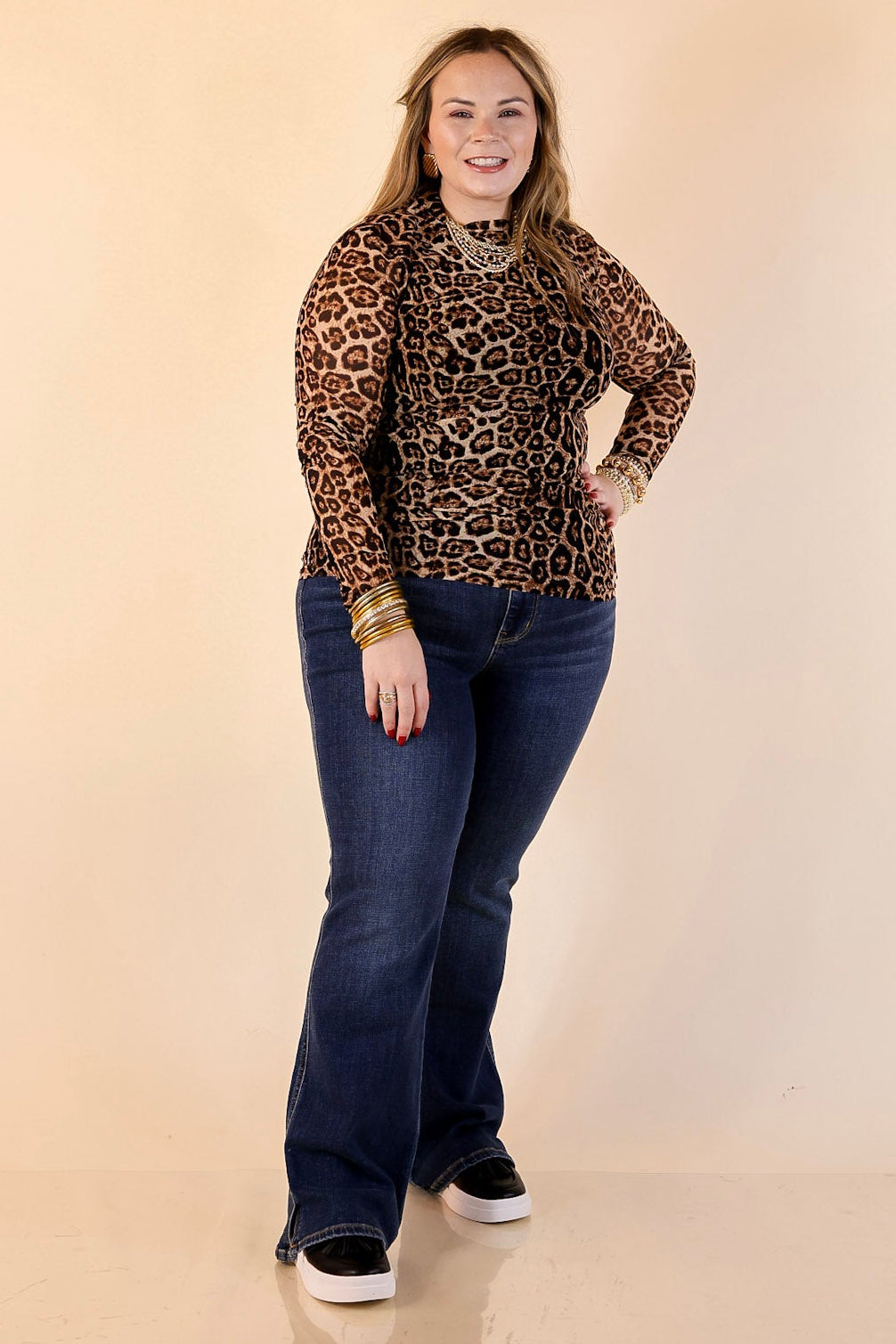 Sheer Confidence Print Mesh Long Sleeve Top in Leopard Print