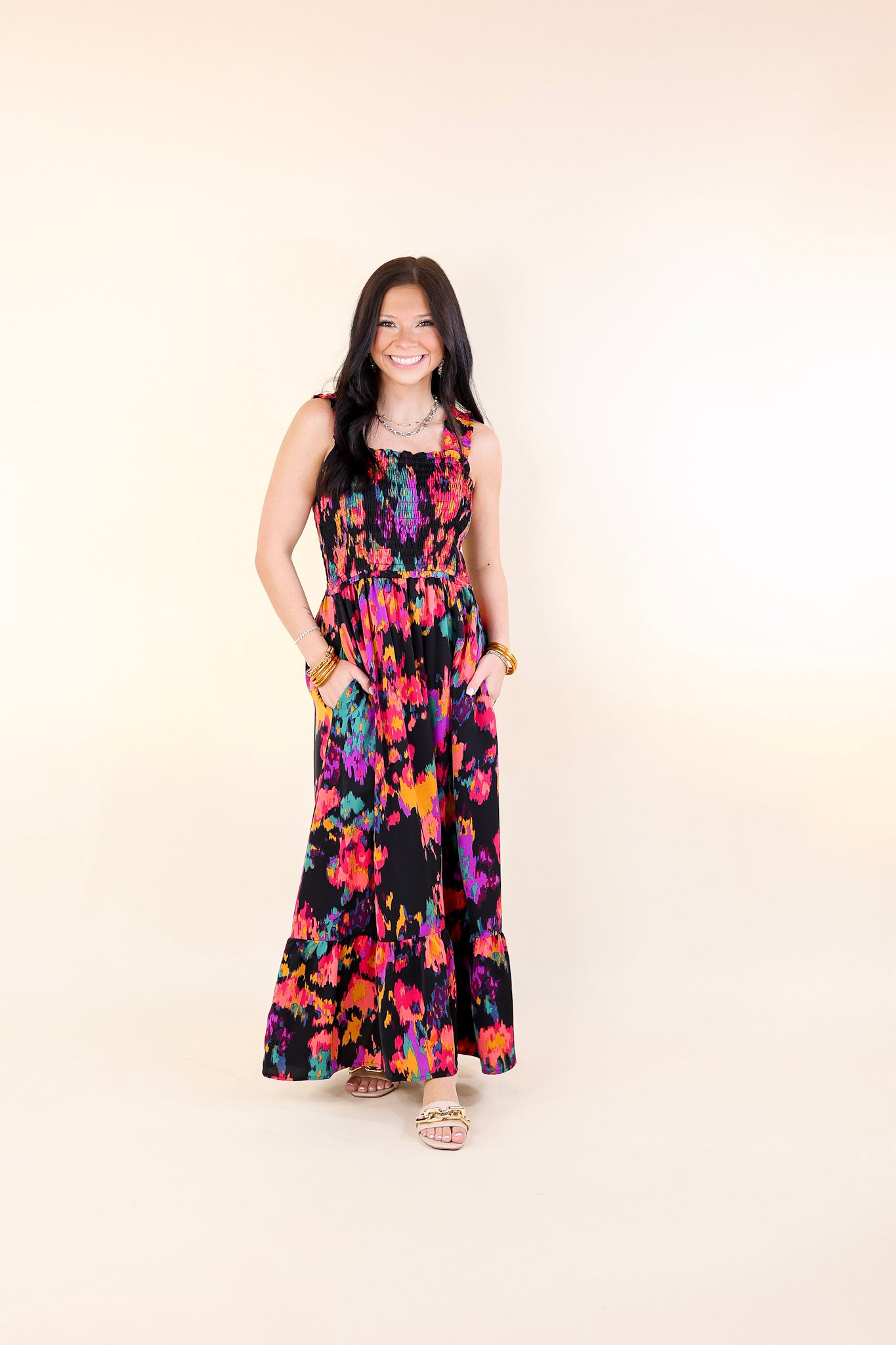 My Night Out Smocked Bodice Dress with Multicolor Abstract Print in Black