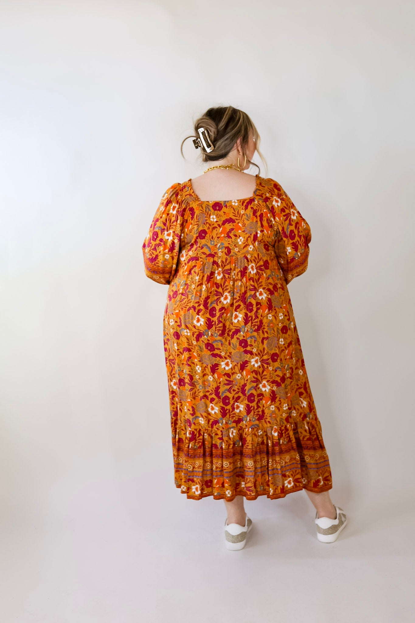 Autumn Daze Floral Print Square Neck Midi Dress in Mustard Yellow - Giddy Up Glamour Boutique