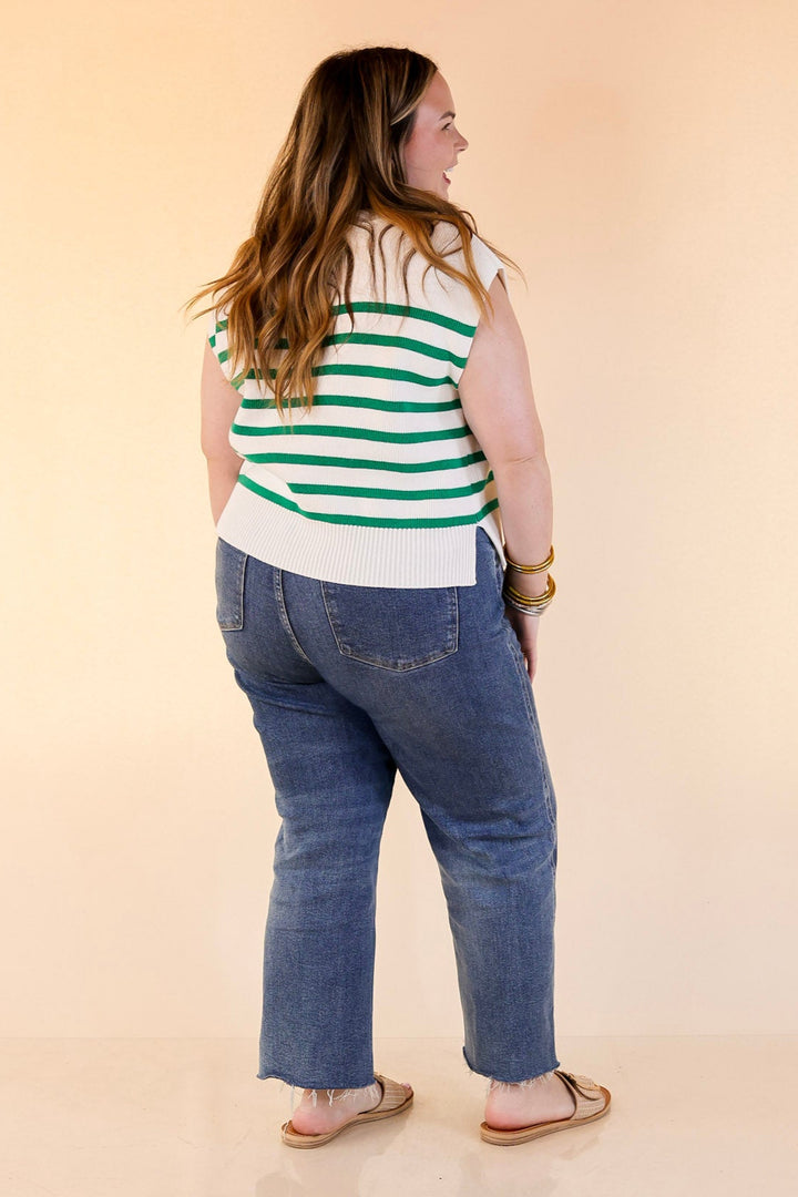 Stripe Things Up Drop Shoulder Knit Sweater in White with Kelly Green Stripes